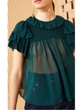 Ulla Johnson Lota Silk Blouse, new, Teal Ruffled Short Sleeve Sheer Blouse